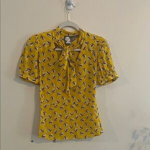Girls from Savoy Silk Owl Top Peplum Yellow Twee Anthropologie Quirky Bow Preppy